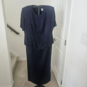 Women's R & M Richards Navy Beaded Embroidered Maxi Evening Gown Plus Size 18W